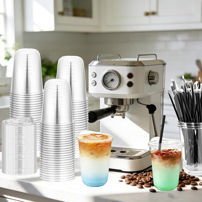 100 Set 16oz Clear Plastic Cups with Sip Lids and Straws,Disposable iced coffee cups with lids for Cold Drinks,Smoothies, Juices,Round Bottom To Go Coffee Cups for Party,Picnic (16, ounces)