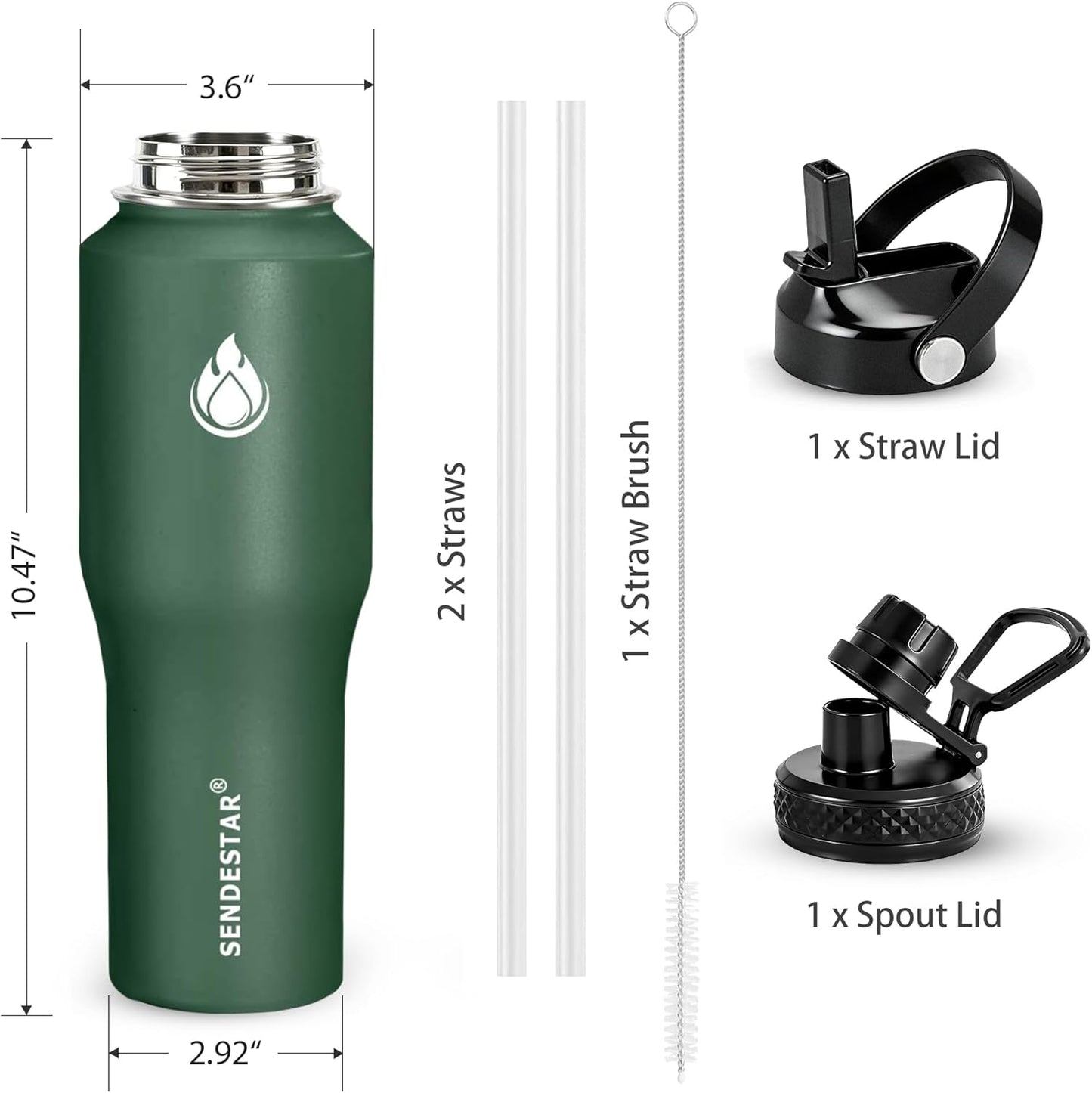 SENDESTAR 40oz Water Bottle Wide Mouth Stainless Steel Vacuum Insulated Double Wall with Straw Lids Fit in Any Car Cup Holder