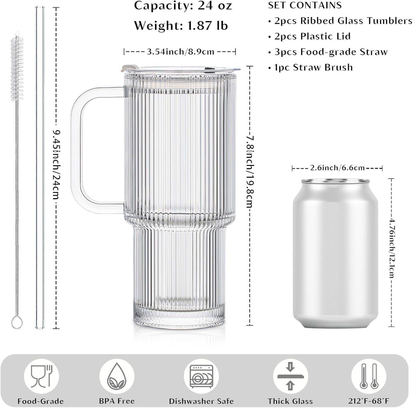 INSETLAN 24oz Ribbed Glass Tumbler with Handle & Lid – 2-Pack Large Iced Coffee Cups with Straws, Modern Glass Mug for Cold & Hot Beverages, Aesthetic Travel Cup for Smoothies, Tea, and Juice