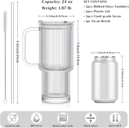 INSETLAN 24oz Ribbed Glass Tumbler with Handle & Lid – 2-Pack Large Iced Coffee Cups with Straws, Modern Glass Mug for Cold & Hot Beverages, Aesthetic Travel Cup for Smoothies, Tea, and Juice