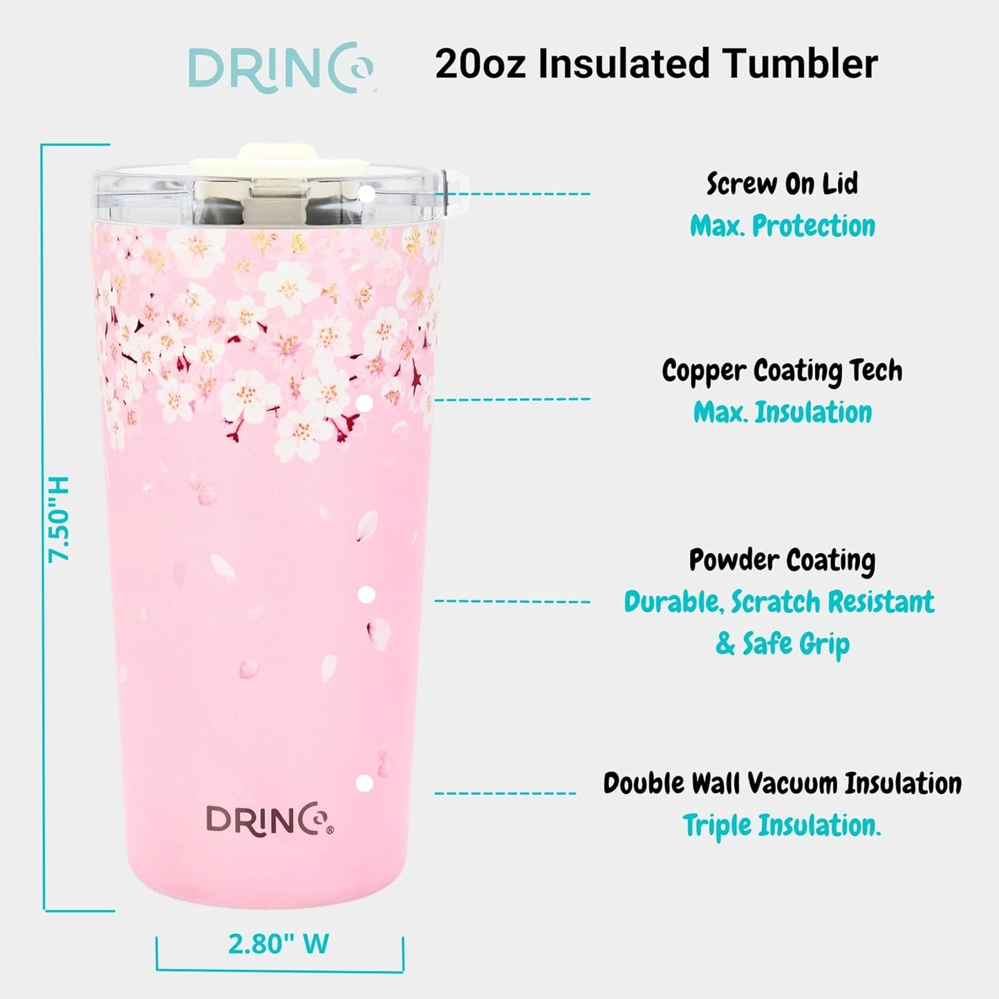 Drinco - 20 oz Stainless Steel Tumbler | Double Walled Vacuum Insulated Mug With Lid, 2 Straws, For Hot & Cold Drinks (20oz Dragonfly)