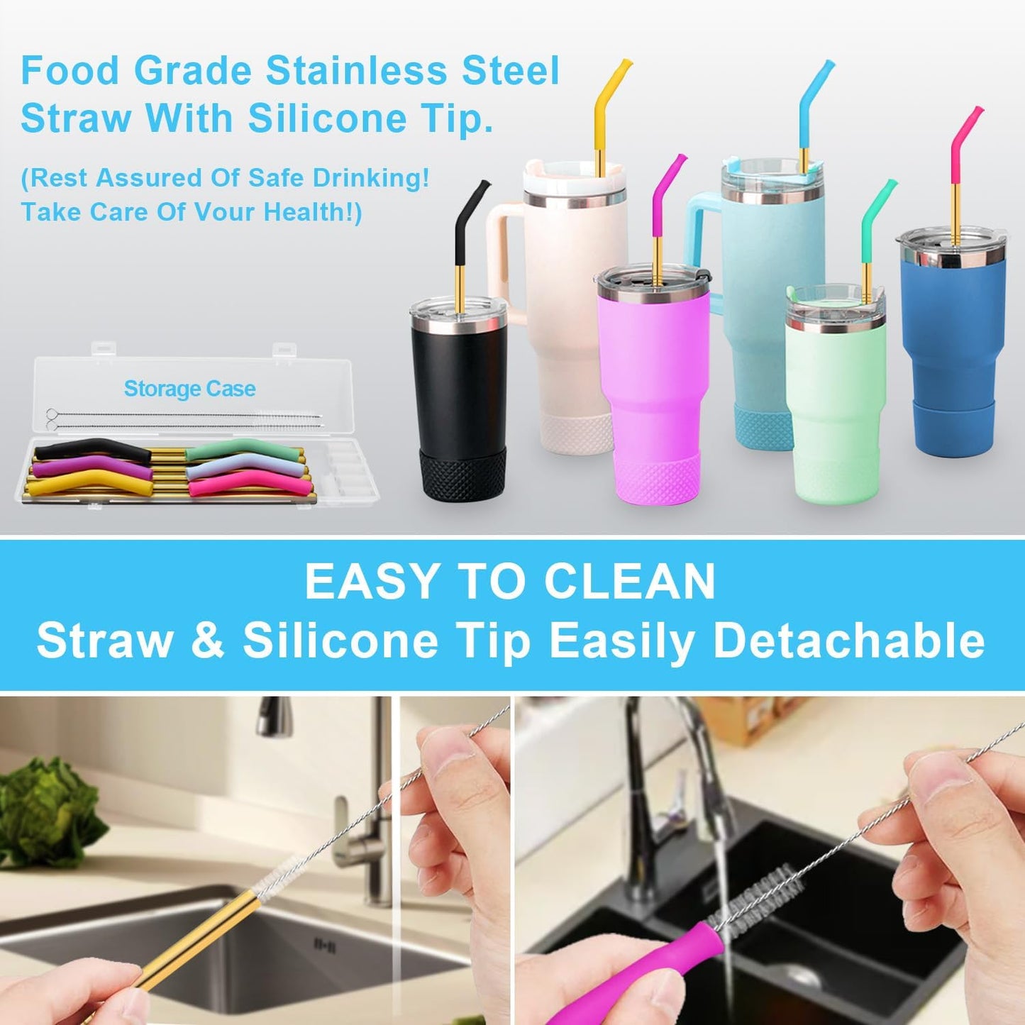 Reusable Stainless Steel Straws Set 6 PCS with 6 Silicone Tips, 2 Straw Brush, 1 Storage Case, Different Sizes of Metal Straws Reusable, Suitable for 14, 20, 30 oz Cups Tumbler, for Hot/Cold Drinks