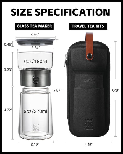 ZENS Modern Glass Infuser Teapot, One Touch Tea Maker for Loose Leaf Tea with Insulated Mug and Portable Case. Enchanted Pot Alternatives for Tea Lover Gifts