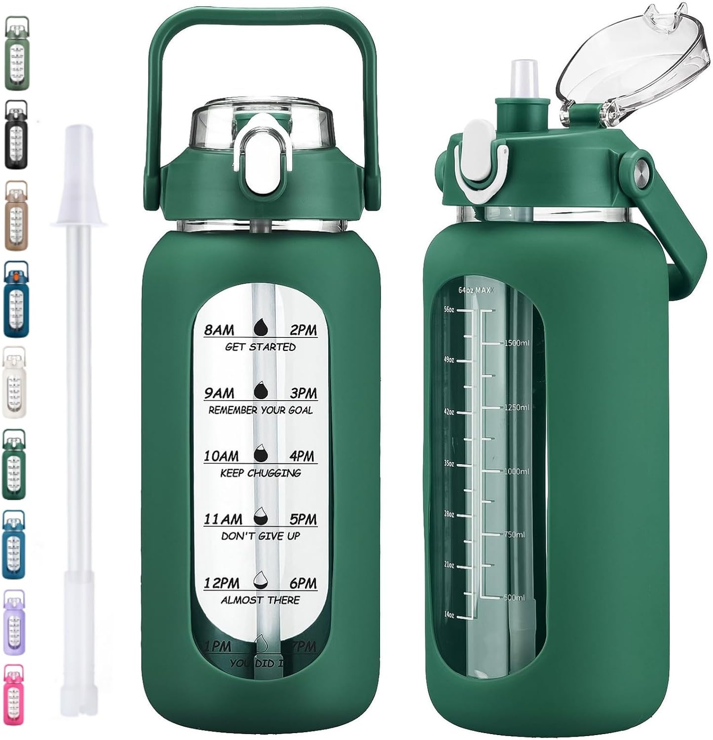 64oz Glass Water Bottles with Straw, Half Gallon Motivational Glass Bottle with Silicone Sleeve and Time Marker, 2L Leakproof Large Glass Water Jug for Gym Home Office,olive