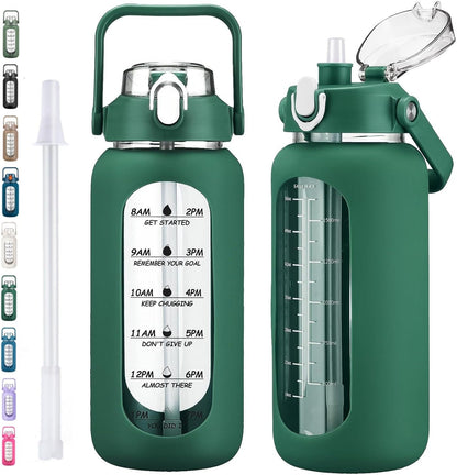 64oz Glass Water Bottles with Straw, Half Gallon Motivational Glass Bottle with Silicone Sleeve and Time Marker, 2L Leakproof Large Glass Water Jug for Gym Home Office,olive