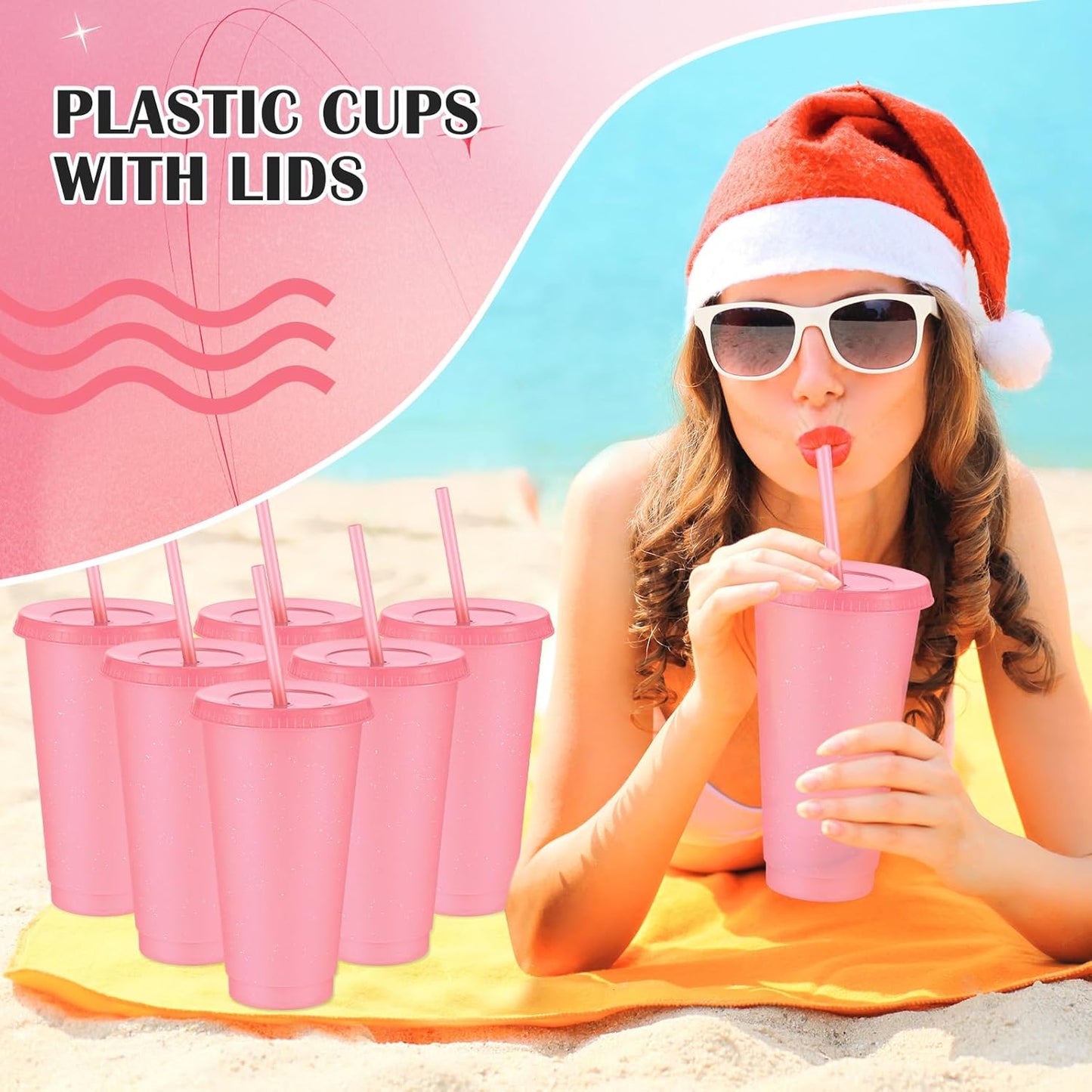Uiifan 6 Pcs 24 oz Reusable Tumbler with Lids and Straws Plastic Iced Coffee Tumbler Glitter Travel Mug Cup for Smoothie Juices Birthday Party Cold Drink Coffee Cup Bulk for Adult Kid Women (Clear)