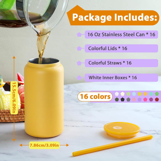 16oz Stainless Steel Can Tumblers, 16 Pack Insulated Beer Can Glass Cups with Lids and Straws, Iced Coffee Cup for Smoothie, Juice, Soda, Milk, Multiple colors