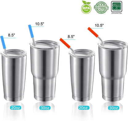 StrawExpert Set of 16 Reusable Stainless Steel Straws with Travel Case Cleaning Brush Silicone Tips Eco Friendly Extra Long Metal Straws Drinking for 20 24 30 oz Tumbler, Silver