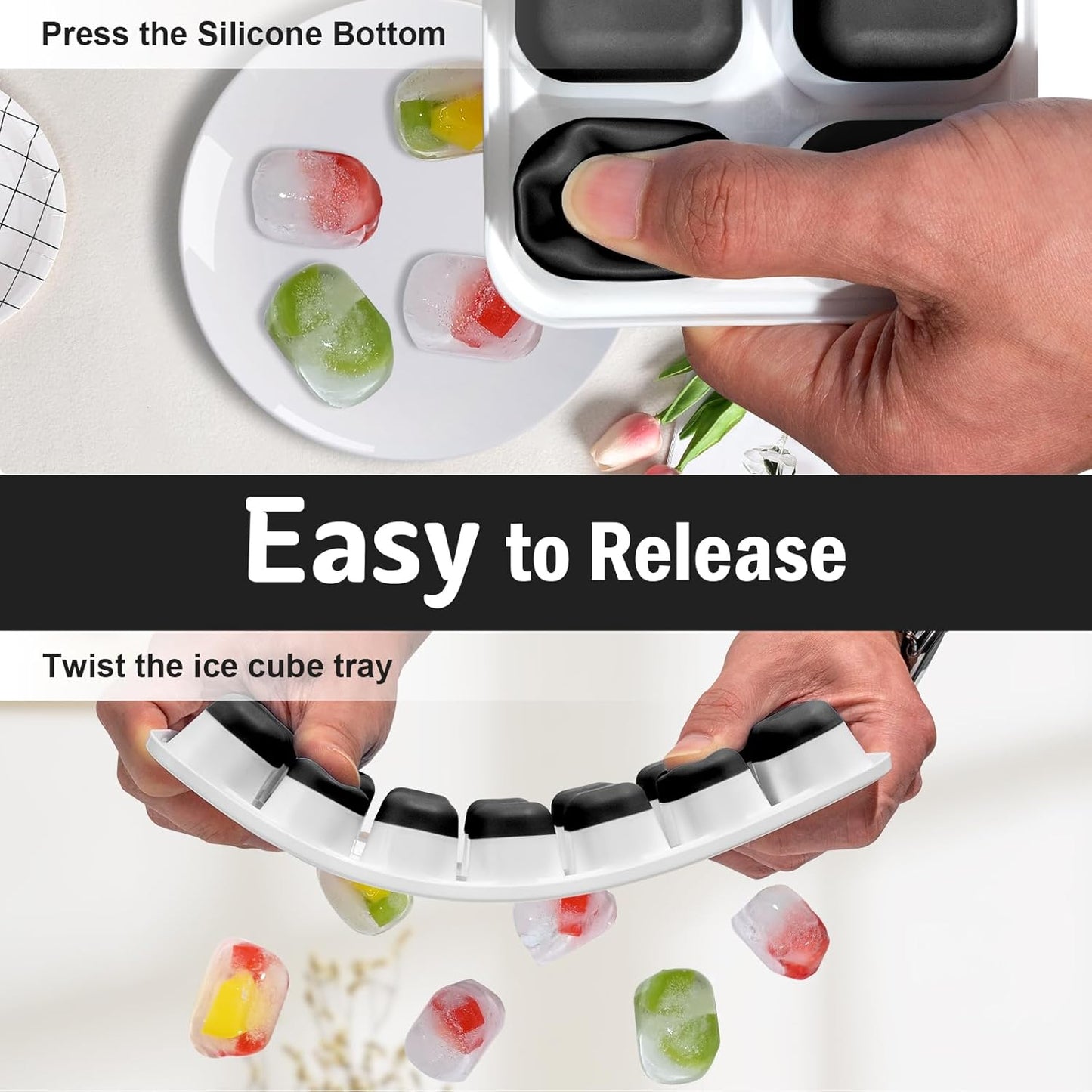 3 Pack Ice Cube Trays with Lid for Freezer, Flexible Silicone Bottom for Easy Release, Stackable Space-Saving Ice Molds, 1.2" Cubes Color-Coded (2 Green 1 Blue) for Juice, Coffee & Cocktails, BPA Free