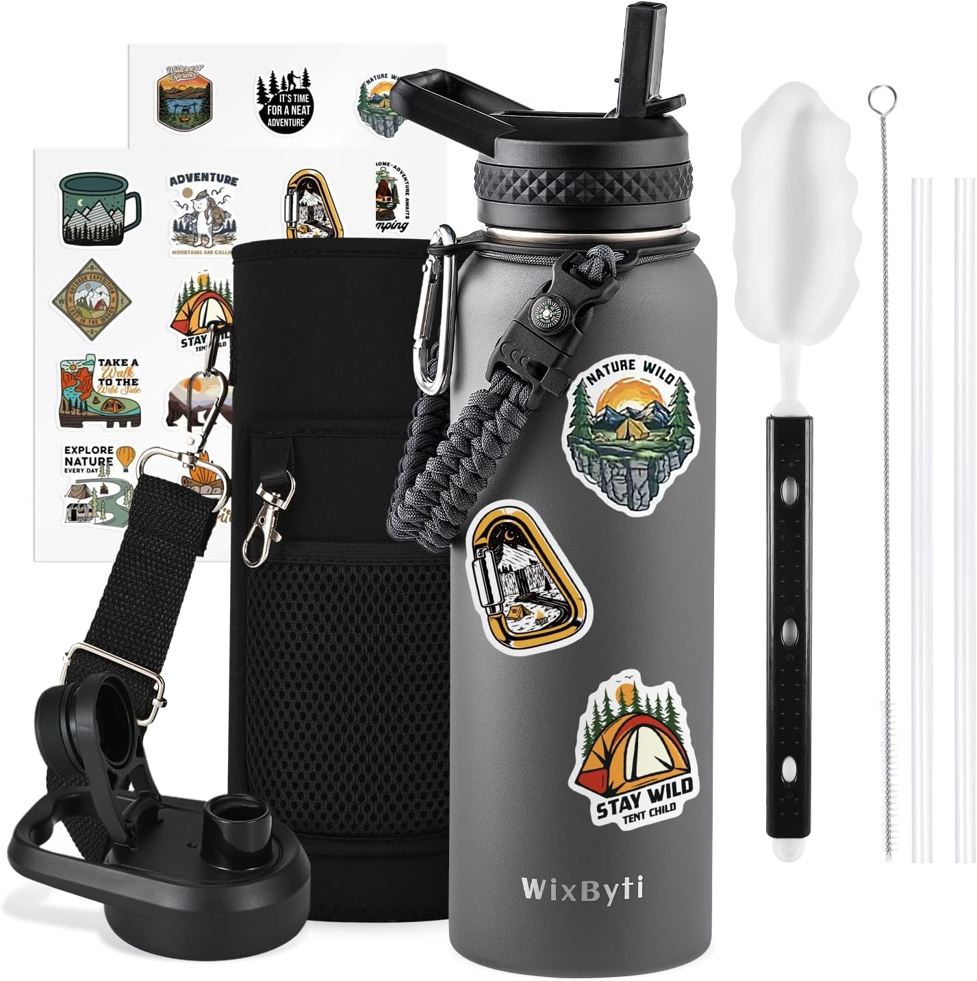 WixByti 40 oz Insulated Water Bottle with Straw (Cold for 36 Hrs), Stainless Steel Triple Wall Vacuum Sports Water Jug, Leakproof Hydro Cup Flask with Paracord Handle & Straw Spout Lids & DIY Stickers