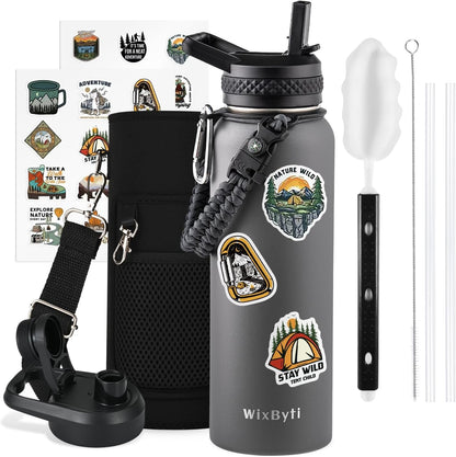 WixByti 40 oz Insulated Water Bottle with Straw (Cold for 36 Hrs), Stainless Steel Triple Wall Vacuum Sports Water Jug, Leakproof Hydro Cup Flask with Paracord Handle & Straw Spout Lids & DIY Stickers