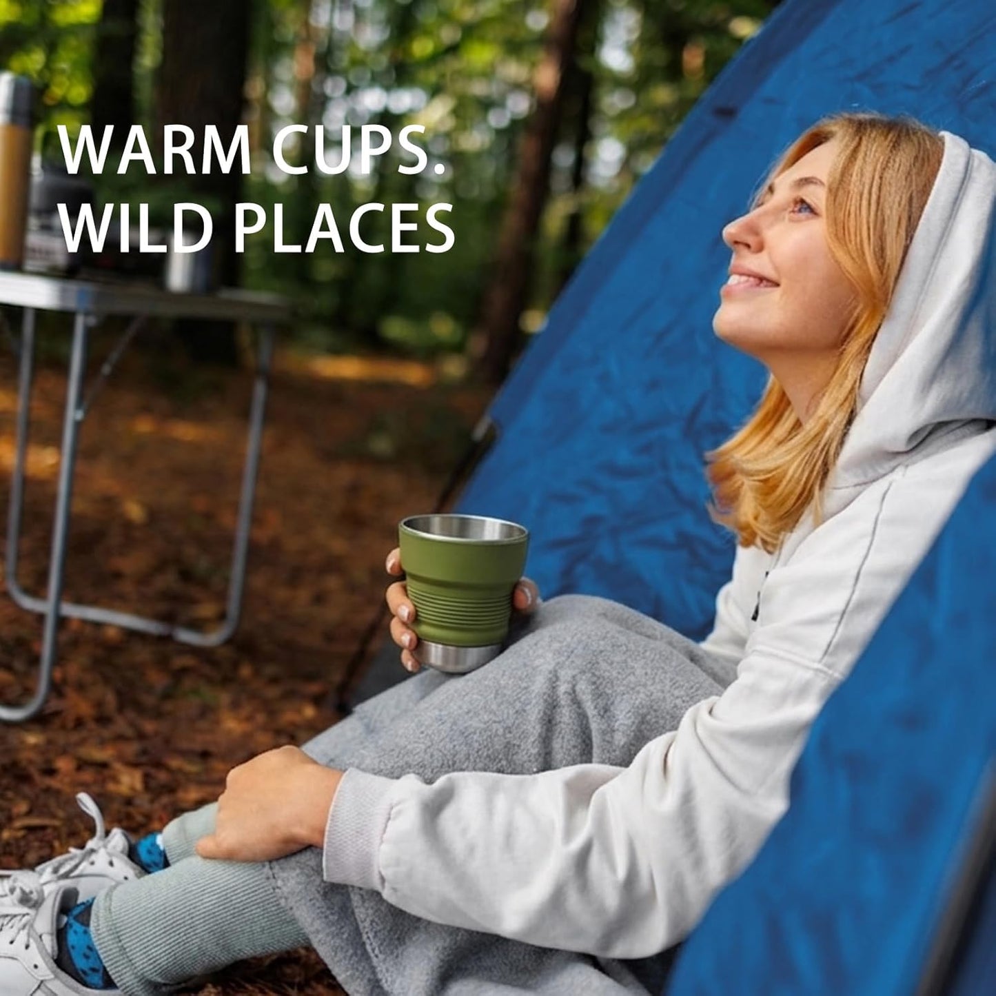Ultralight Collapsible Travel Cup 16 oz, BPA Free Silicone & Stainless Steel Camping Mug, Foldable Portable Cup for Hiking, Backpacking, Outdoor Coffee Mug (Khaki)