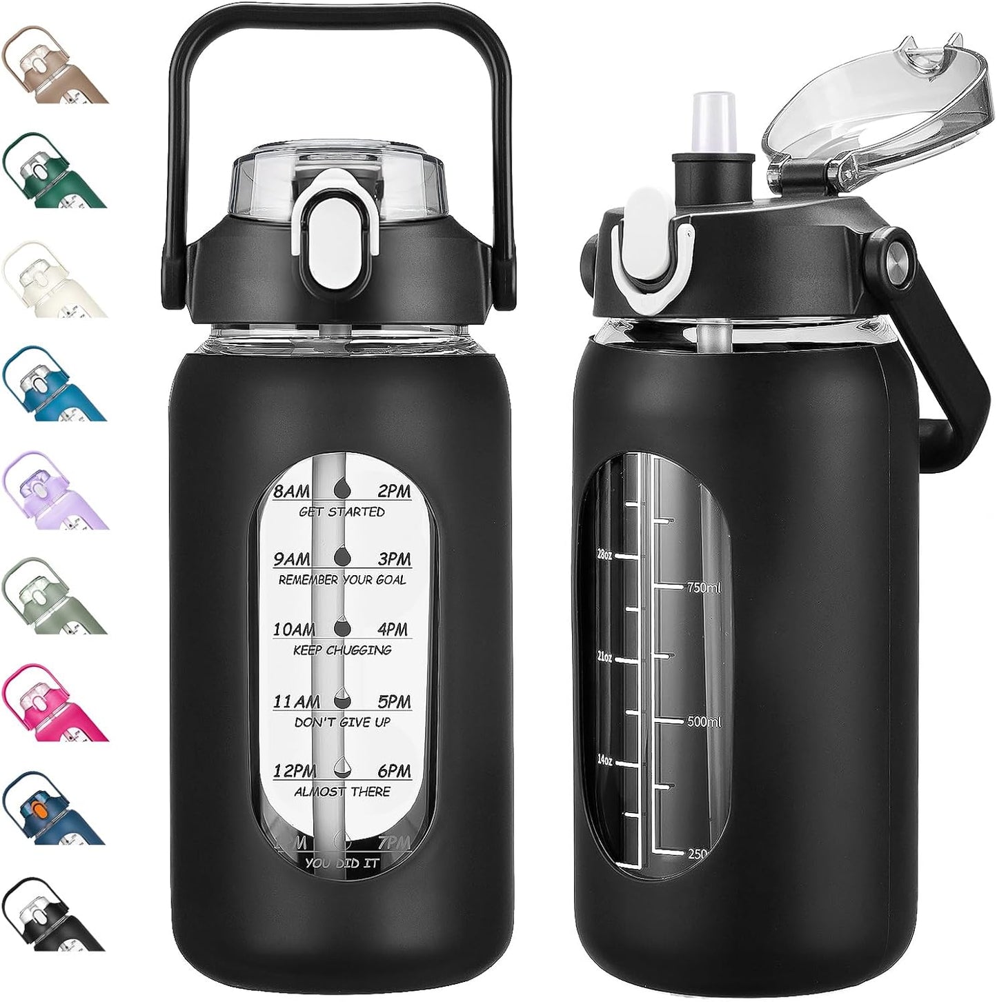 64oz Glass Water Bottles with Straw, Half Gallon Motivational Glass Bottle with Silicone Sleeve and Time Marker, 2L Leakproof Large Glass Water Jug for Gym Home Office,olive