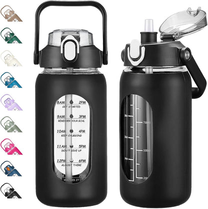 64oz Glass Water Bottles with Straw, Half Gallon Motivational Glass Bottle with Silicone Sleeve and Time Marker, 2L Leakproof Large Glass Water Jug for Gym Home Office,olive