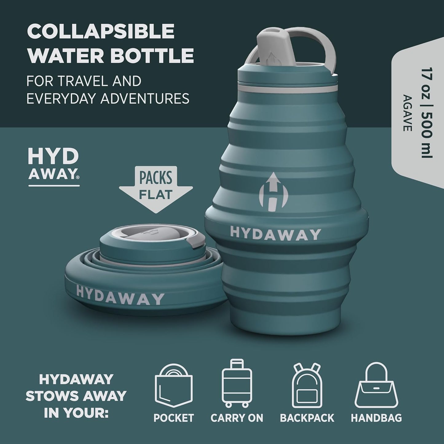 HYDAWAY 17oz Travel Collapsible Water Bottle - BPA-Free, Leakproof, Lightweight, Space-Saving