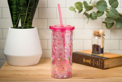 Silver Buffalo Sanrio Hello Kitty Milk Carton Pattern Plastic Boba Tumbler w Lid and Wide Straw, 24 Ounces