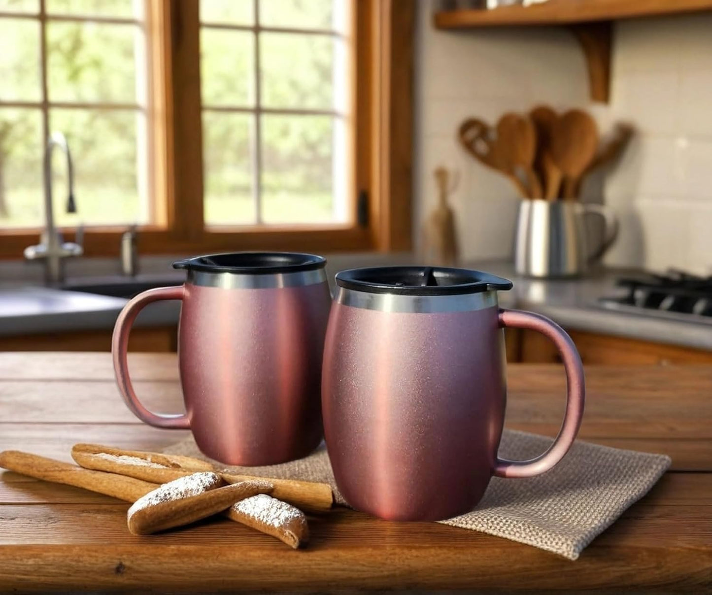 CHILLOUT LIFE Stainless Steel Insulated Coffee Mugs Set of 2 (14oz) – Double Wall Coffee Cups with Spill Resistant Lid & Strong Handle, Shatterproof Cups for Cold Drinks and Hot Beverages