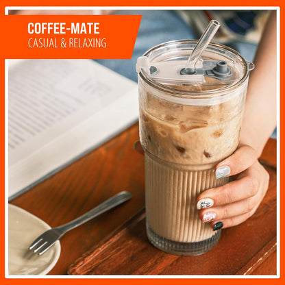SUROQUE 20oz Ribbed Glass Tumblers with Lids & Straws, Ideal for Iced Coffee, Cocktails & More - Includes Cleaning Brush