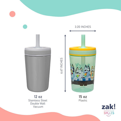 Zak Designs 15oz Bluey Kelso Tumbler Set, Leak-Proof Screw-On Lid with Straw Made of Durable Plastic and Silicone, Perfect Bundle for Kids, 2 Count (Pack of 1) - Colors A