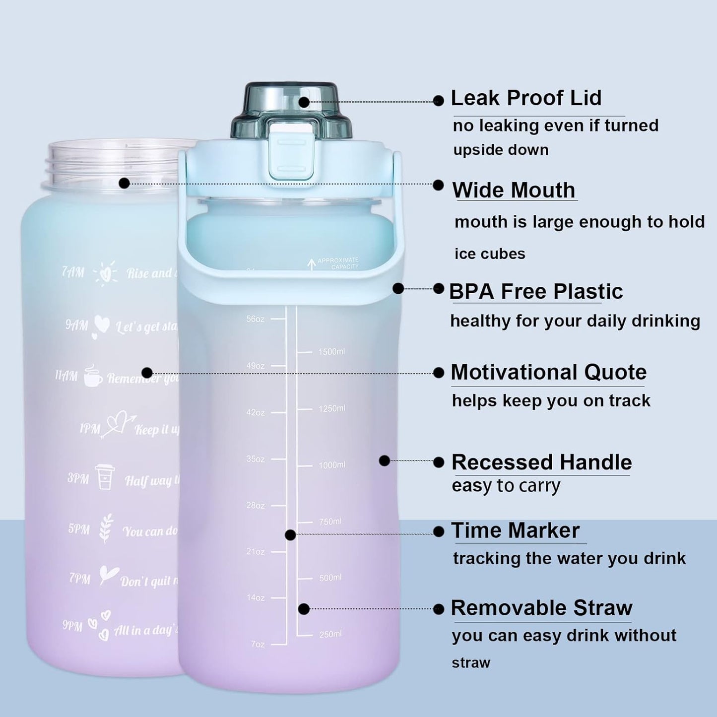 Large Motivational Water Bottle with Straw Time Marker BPA Free for Sport and Fitness (Pink Blue, 64 Oz / Half Gallon)