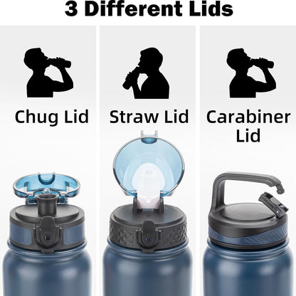 Oldley Insulated Water Bottle 20oz for Adults Kids Stainless Steel Water Bottles with Straw/Chug/Carabiner 3 Lids Fruit Strainer Double Wall Vacuum Wide Mouth BPA Free Leak-Proof for School Travel