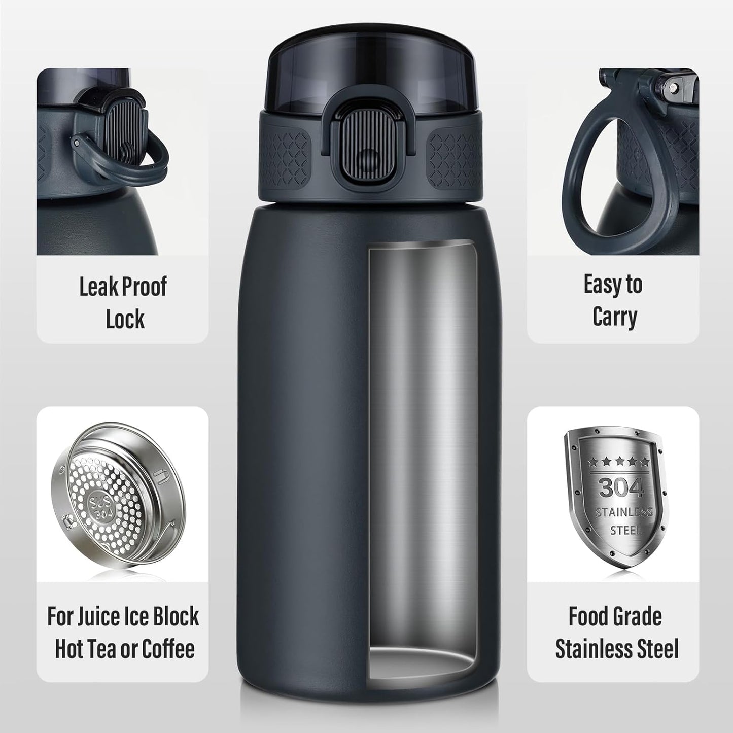 Insulated Water Bottle 24 oz with Dustproof Lid, Carry Handle & Tea Infuser, BPA-Free & Leakproof, Stainless Steel Water Bottles Ideal for Fitness, Hiking, Office & Outdoor Use (Black)