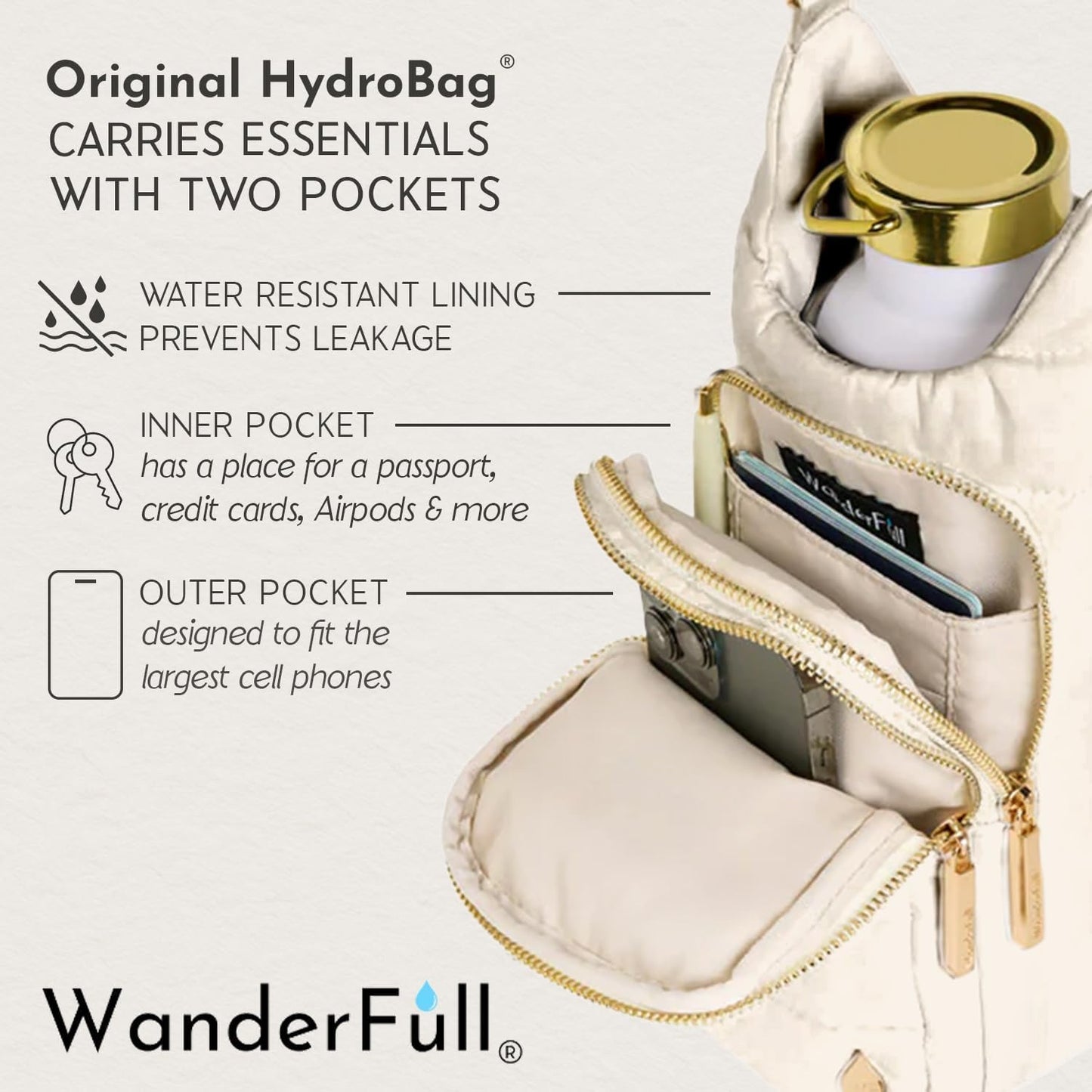 WanderFull Original HydroBag Fits Up to 32 oz Water Bottle Holder with Strap – Hands-Free Crossbody Water Bottle Carrier Bag with Phone Pocket - Colors A