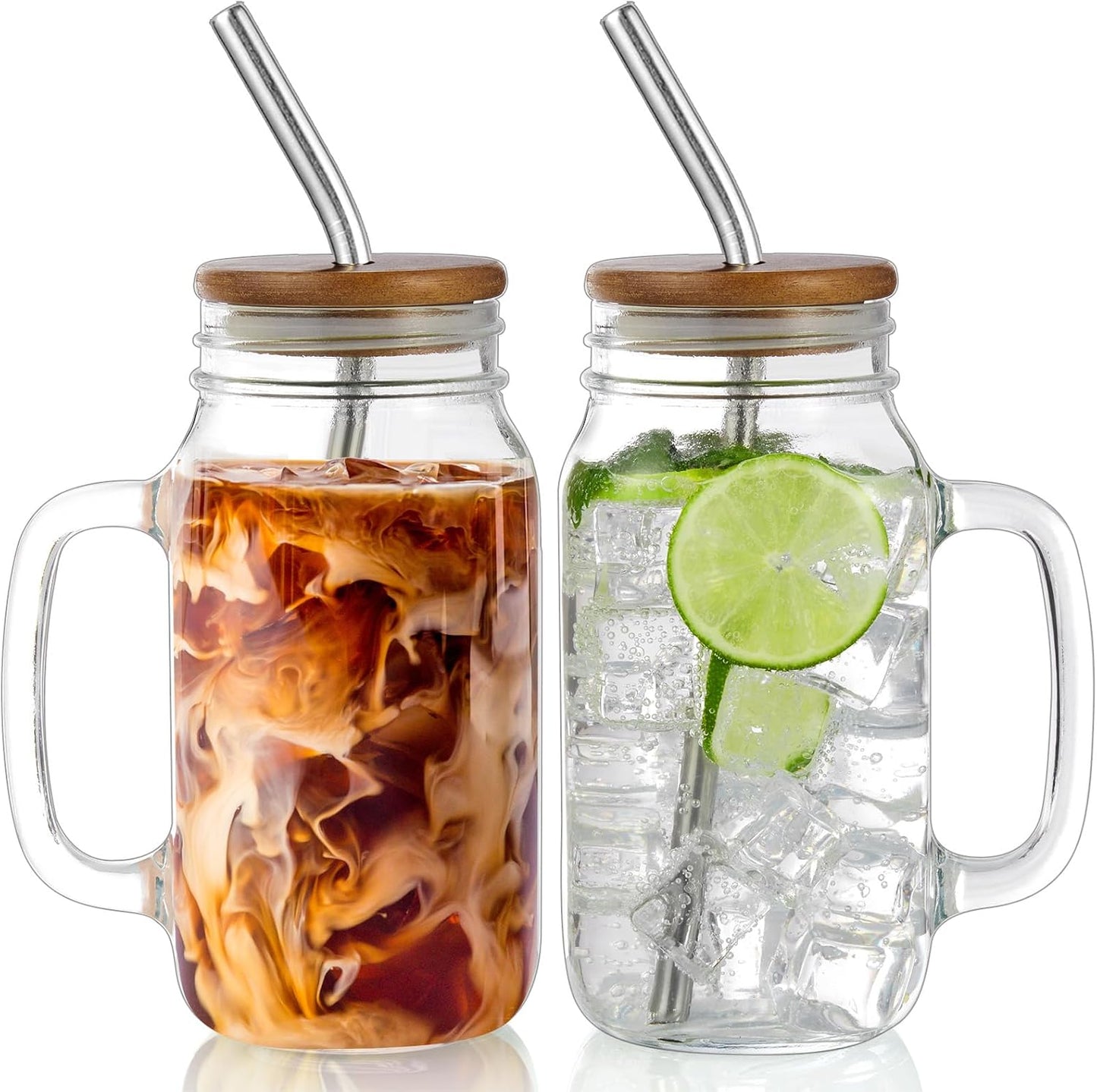 DRASTAR Iced Coffee Cup, 16 oz Mason Jar Cups with Handle, Small Glass Coffee Mugs with Straws and Acacia Lids, Drinking Glass Cups Set of 2, Smoothie, Overnight Oats Containers