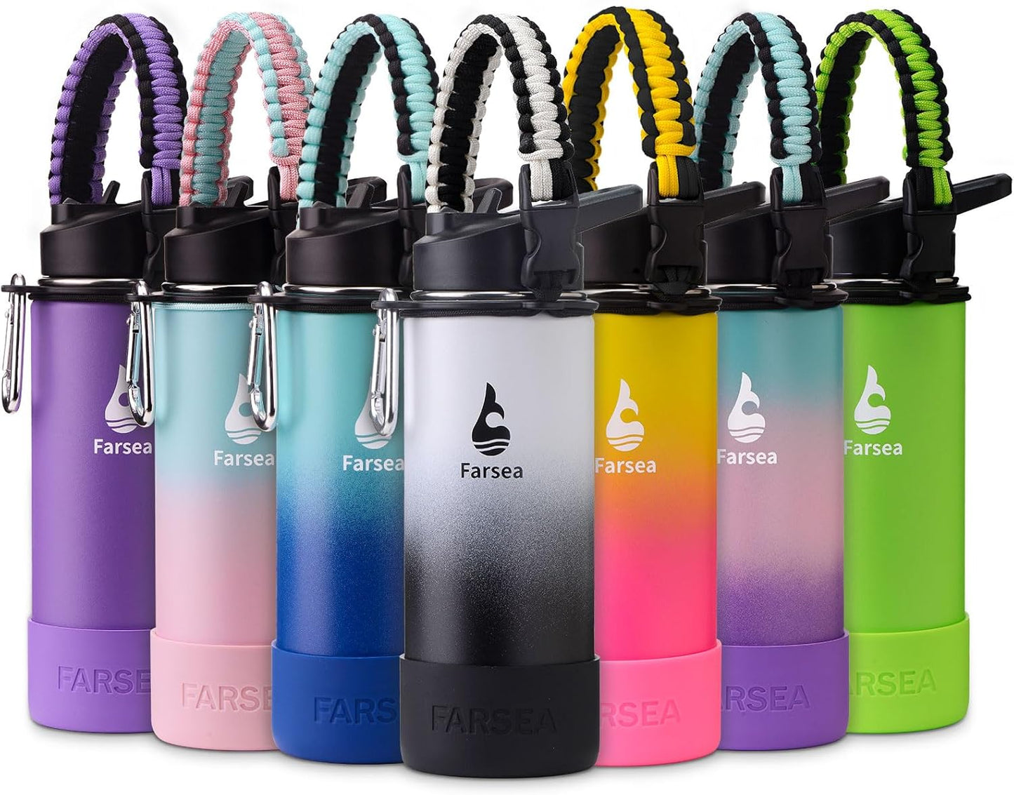 Farsea Insulated Water Bottle With Paracord Handle, Protective Silicone Boot and 2 Lids (Straw Lid & Spout Lid), Stainless Steel Water Bottle Wide Mouth, Double Wall Sweat-Proof BPA-Free, 24 oz