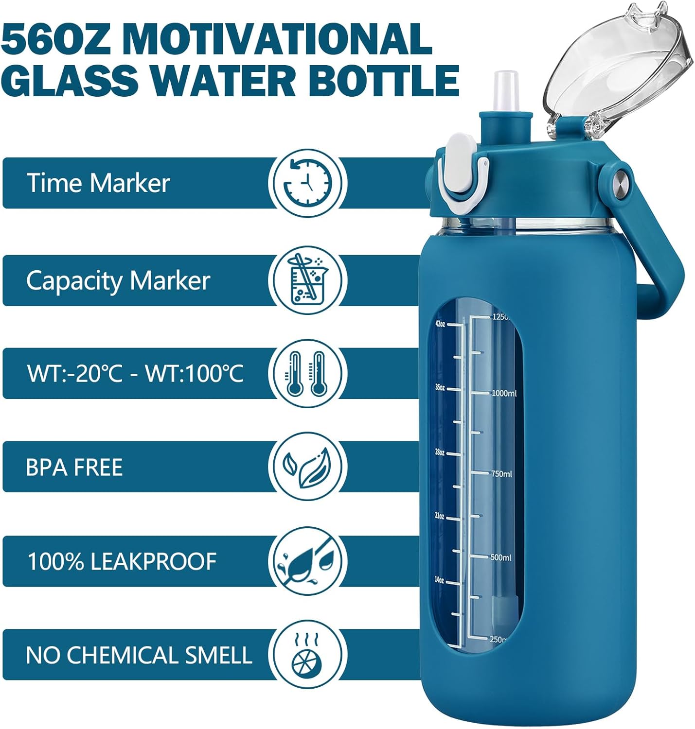 64oz Glass Water Bottles with Straw, Half Gallon Motivational Glass Bottle with Silicone Sleeve and Time Marker, 2L Leakproof Large Glass Water Jug for Gym Home Office,olive