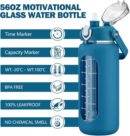 64oz Glass Water Bottles with Straw, Half Gallon Motivational Glass Bottle with Silicone Sleeve and Time Marker, 2L Leakproof Large Glass Water Jug for Gym Home Office,olive