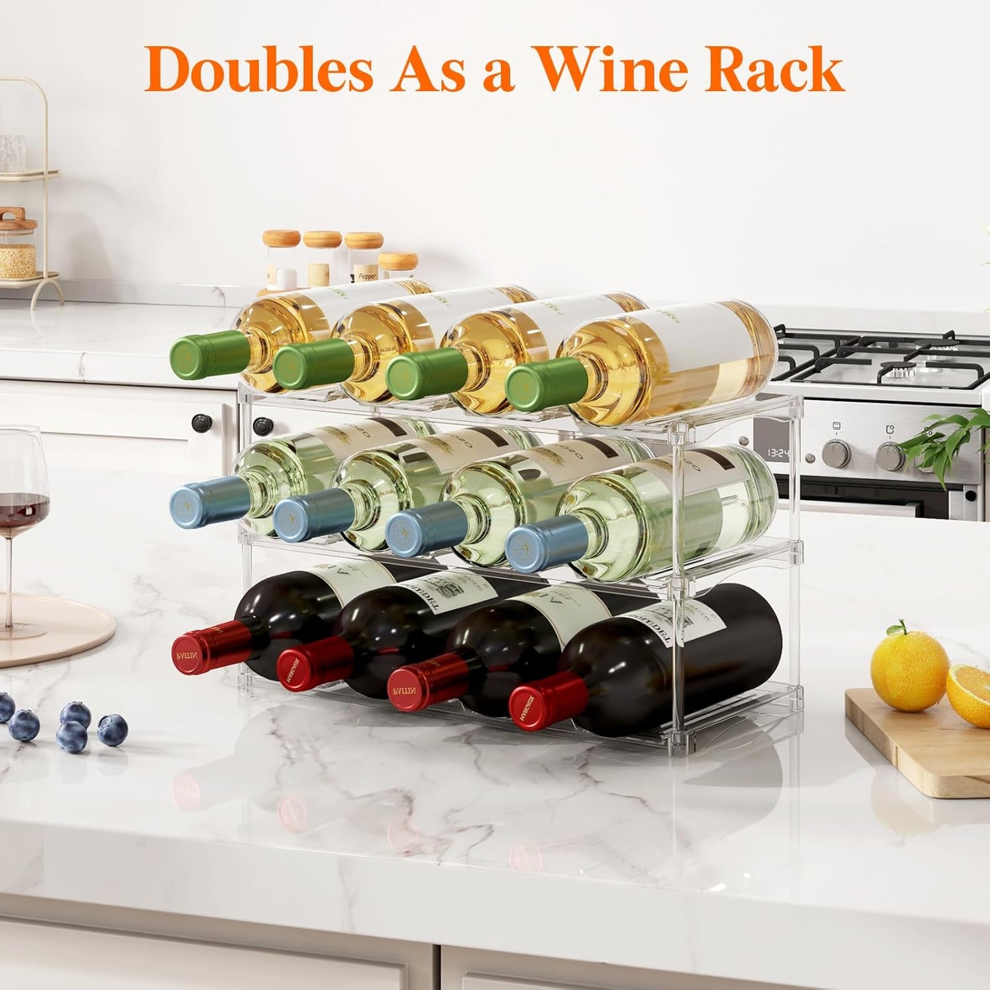 Lifewit Stackable Bottle Storage Organizer, Clear Freestanding Wine Holder for Cabinet, Large Slot Water Bottle Tumbler Cup Organizer for Pantry, Plastic Wine Rack for Fridge Cellar, 3Tier Hold 9