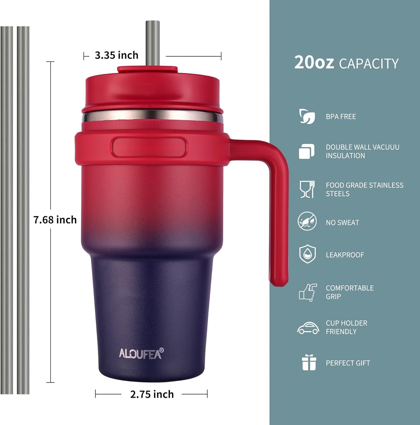 20 oz Insulated Coffee Mug Tumbler with Handle, Stainless Steel Travel Mug Tumbler with Lid and Straw,Double Wall Vacuum Leak Proof Ice Coffee Thermal Cup, Black