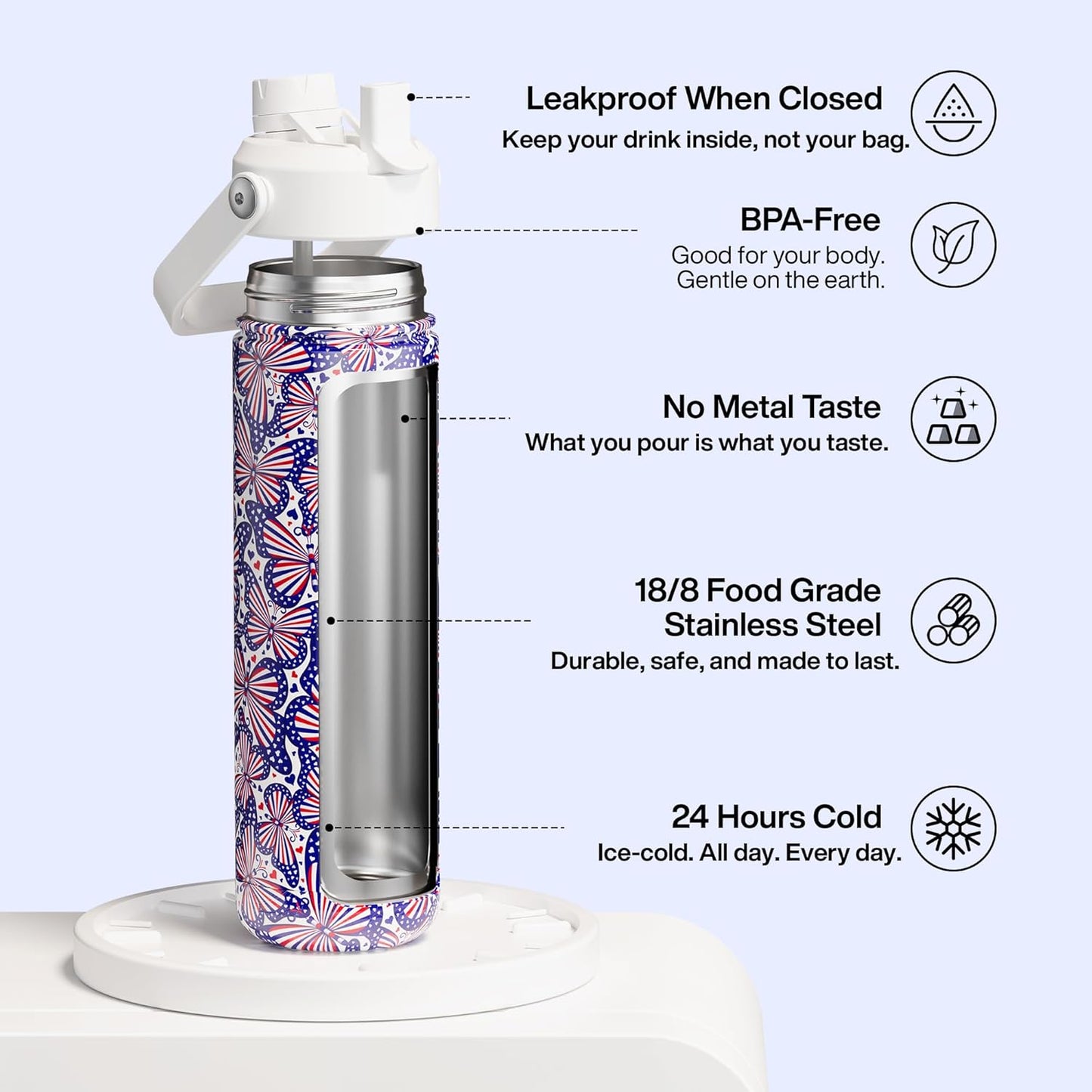 ENCOOL Insulated Water Bottle with Straw Stainless Steel Water Bottle, Leak-Proof, BPA-Free, Double Wall Vacuum Keeps Cold for 24 Hours for Sports, Travel, School (26 oz, Cotton Candy) - Colors A