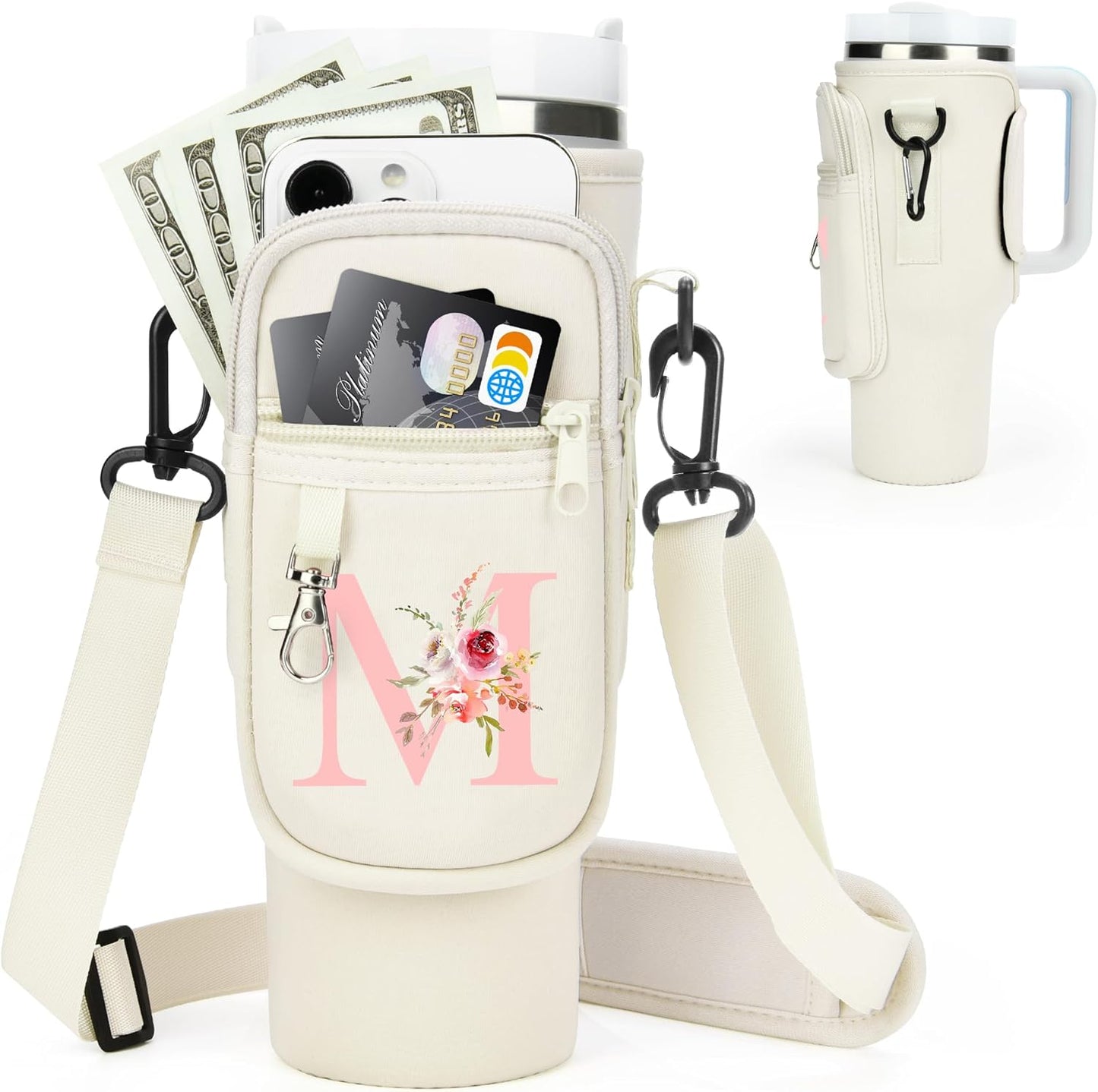 Initial Water Bottle Holder with Strap for Stanley Cup Accessories 40 oz/Simple Modern Tumbler, Birthdays for Women Girls, Water Bottle Carrier Bag with Phone Pocket,Hiking Walking Gym Camping