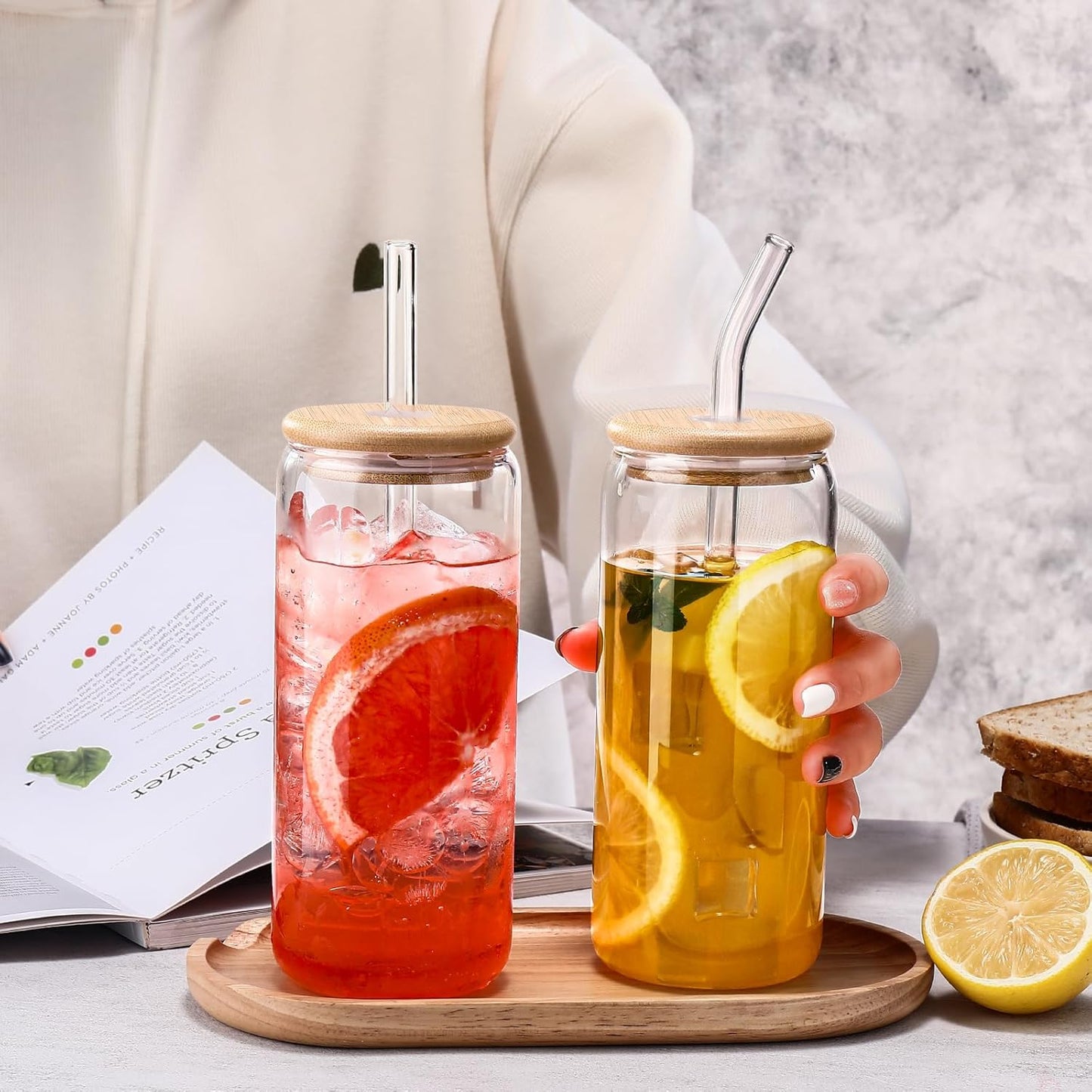 DWTS DANWEITESI Glass Cups with Lids and Straws 4 pcs,16oz Drinking Glasses Set for Coffee Bar Accessories,Iced Coffee Cups with Lids,Matcha Cup Glass Tumbler Reusable for Gifts