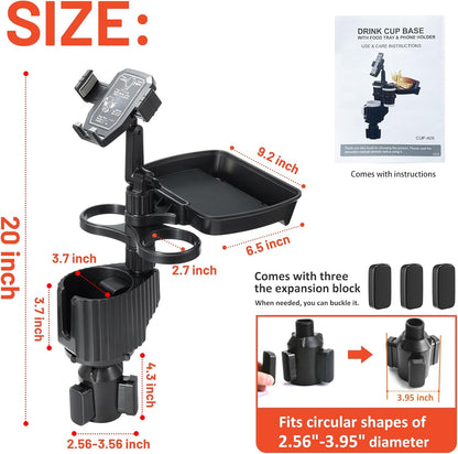 Car Large Cup Holder Expander, 5-in-1 Cupholder Extender with Phone Holder & Swivel and Detachable Snack Food Tray Table for Eating, Travel Essentials for Road Trips for Driver. Model C