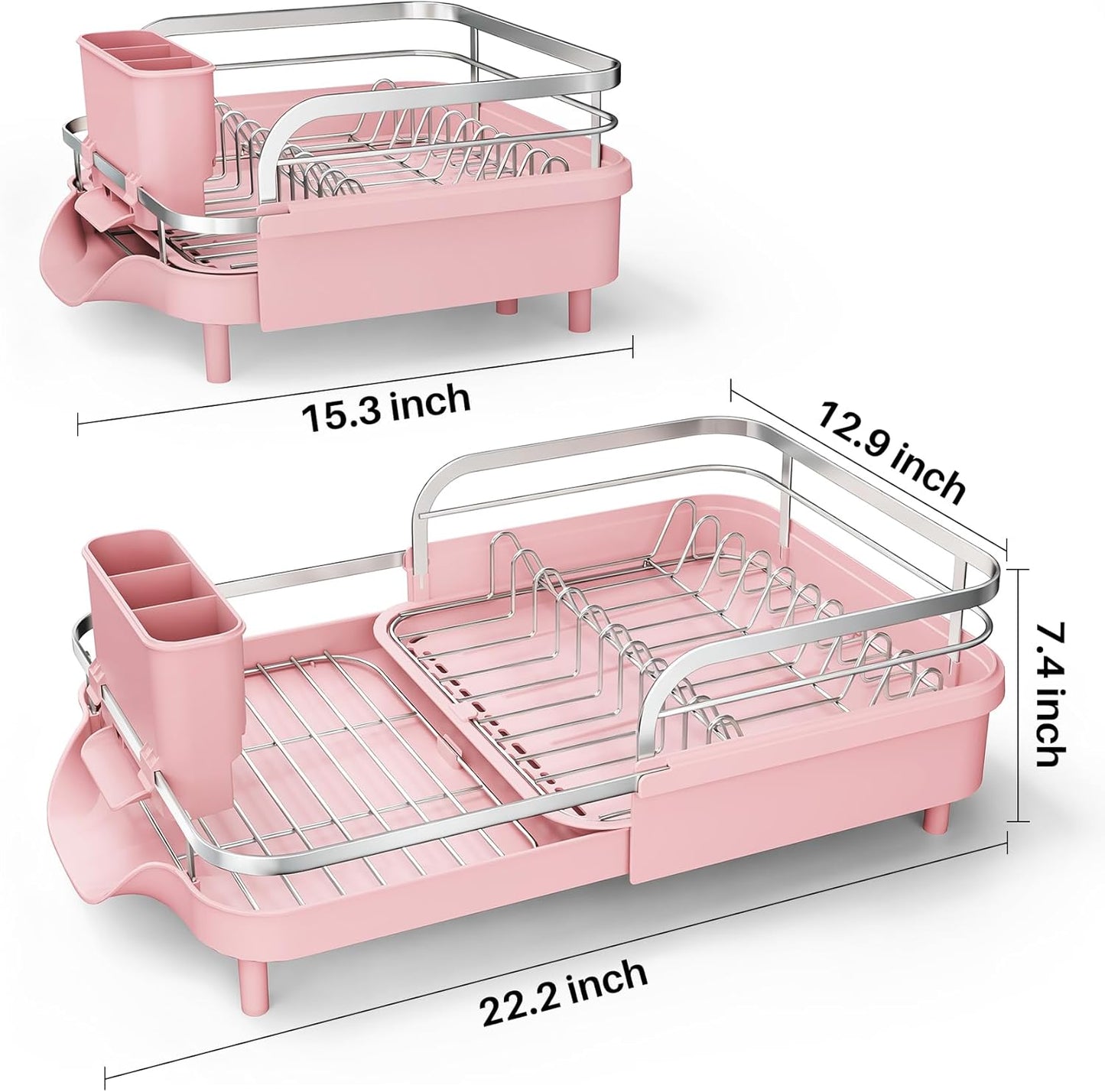 SAYZH Dish Drying Rack - Expandable Dish Rack for Kitchen Counter, Rust-Resistant Dish Drainer with Utensil Holder and Raised Guardrail, Kitchen Organizer for Cup and Bottle (Black)