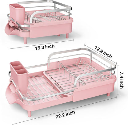 SAYZH Dish Drying Rack - Expandable Dish Rack for Kitchen Counter, Rust-Resistant Dish Drainer with Utensil Holder and Raised Guardrail, Kitchen Organizer for Cup and Bottle (Black)