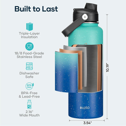 BUZIO 40oz Insulated Water Bottle, Triple Wall Vacuum Stainless Steel Water Flask with 2 lids, Lead-Free BPA-Free Straw Lid Sports Canteen Jug, Cold 48H & Hot 24H- Black - Colors A
