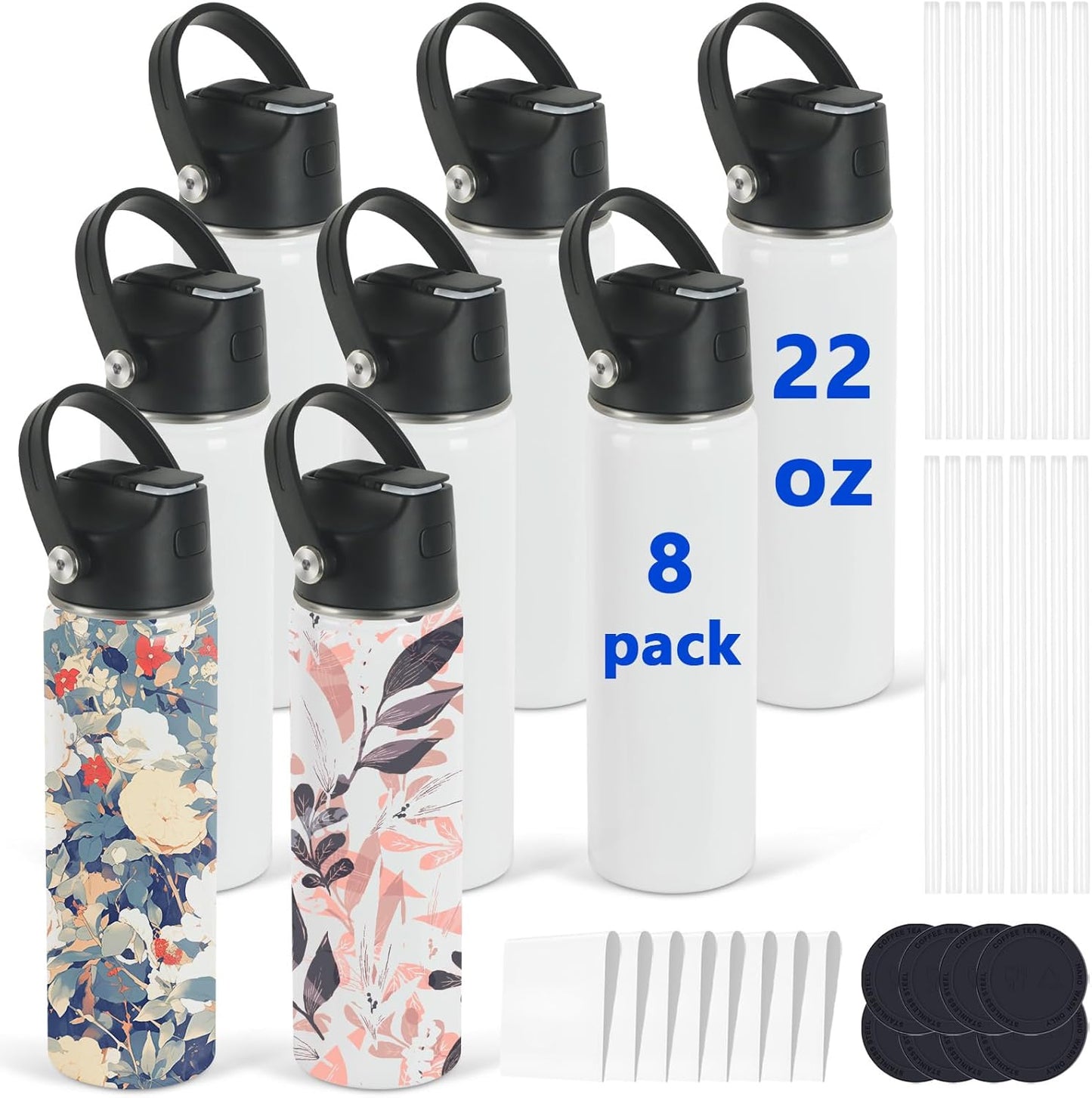 Draheri Sublimation Sports Water Bottle Blanks, 22 oz Sublimation Tumblers Bulk, Stainless Steel Insulated Tumblers with Leak Proof Lid and Portable Handle, Individually Boxed (8 Pack)