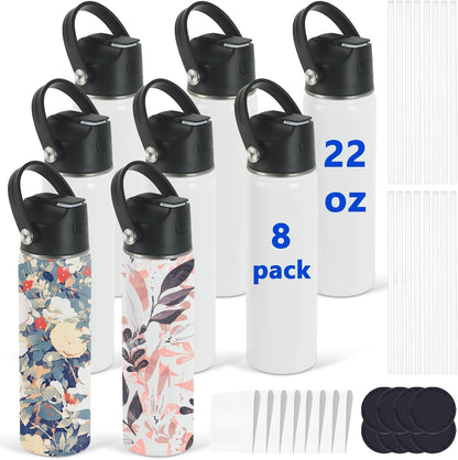 Draheri Sublimation Sports Water Bottle Blanks, 22 oz Sublimation Tumblers Bulk, Stainless Steel Insulated Tumblers with Leak Proof Lid and Portable Handle, Individually Boxed (8 Pack)