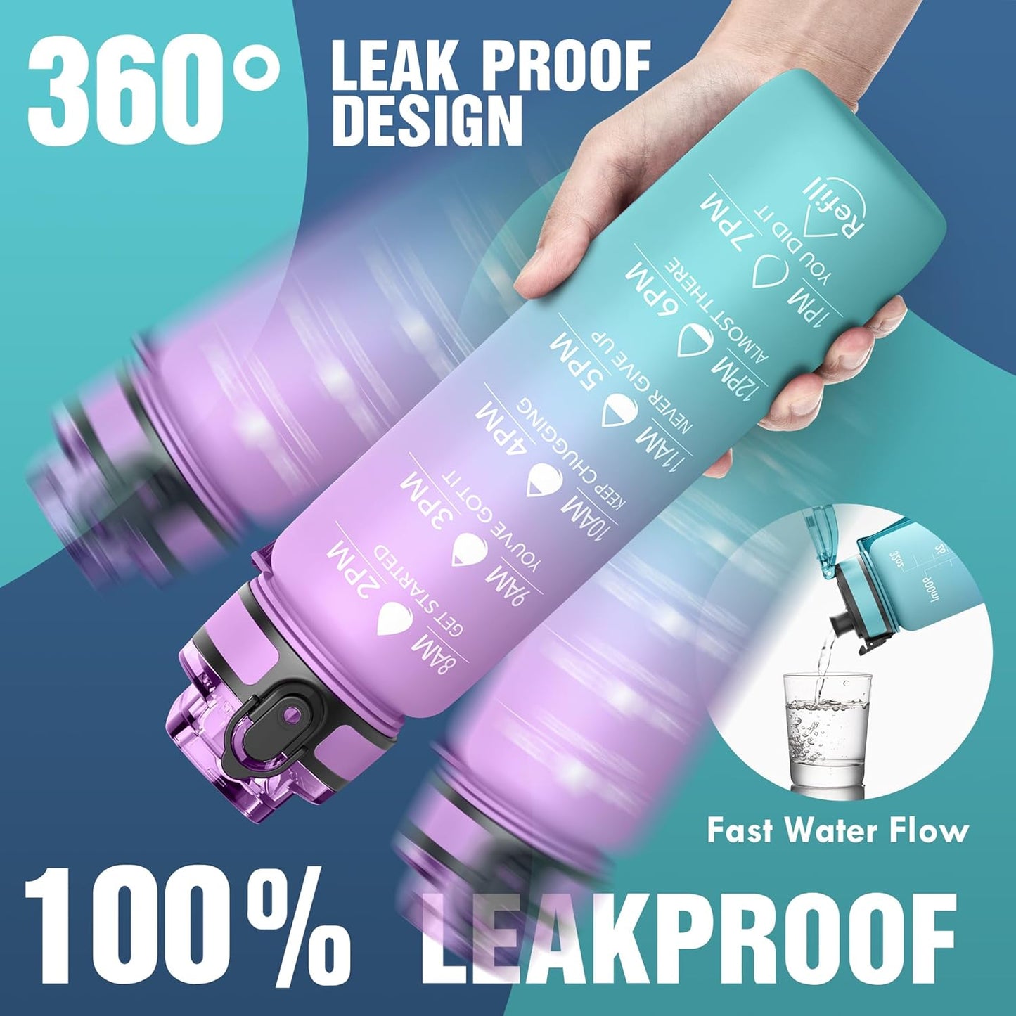 OLDLEY Water Bottle, 32oz Motivational Sports Water Bottle with Time Marker - Times to Drink - Tritan, BPA Free, Wide Mouth Leakproof, Clear (1 Bottle)