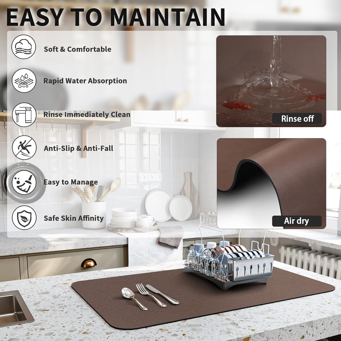 HotLive Dish Drying Mat for Kitchen Counter, Heat Resistant Drainer Mats with Non-slip Rubber Backed, Hide Stain Kitchen Super Absorbent Draining Mat, Easy to Clean Dish Rack Pad, Dark Grey 16"x18"