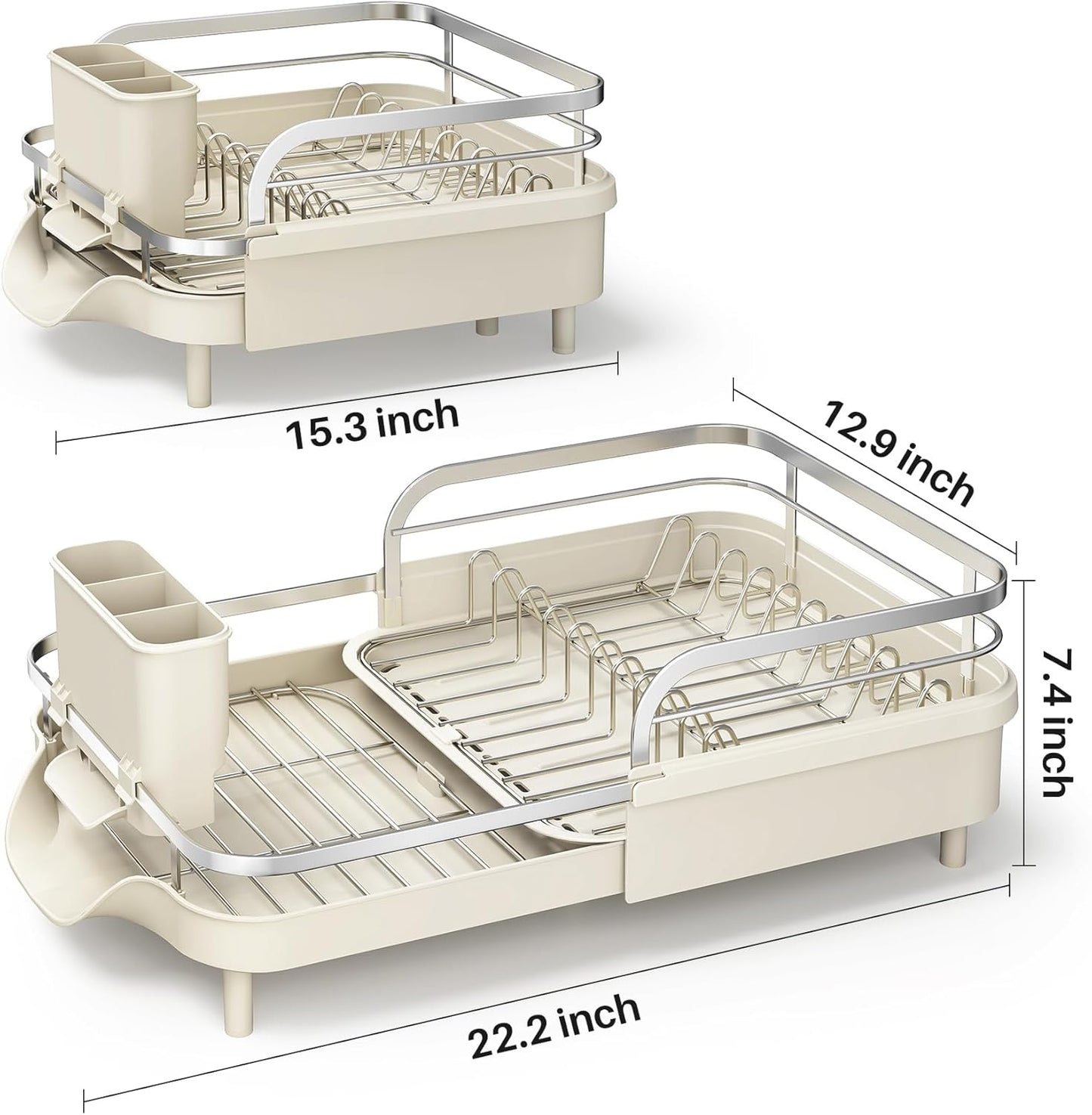 SAYZH Dish Drying Rack - Expandable Dish Rack for Kitchen Counter, Rust-Resistant Dish Drainer with Utensil Holder and Raised Guardrail, Kitchen Organizer for Cup and Bottle (Black)