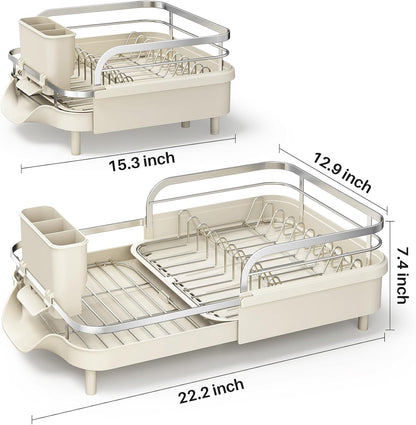 SAYZH Dish Drying Rack - Expandable Dish Rack for Kitchen Counter, Rust-Resistant Dish Drainer with Utensil Holder and Raised Guardrail, Kitchen Organizer for Cup and Bottle (Black)