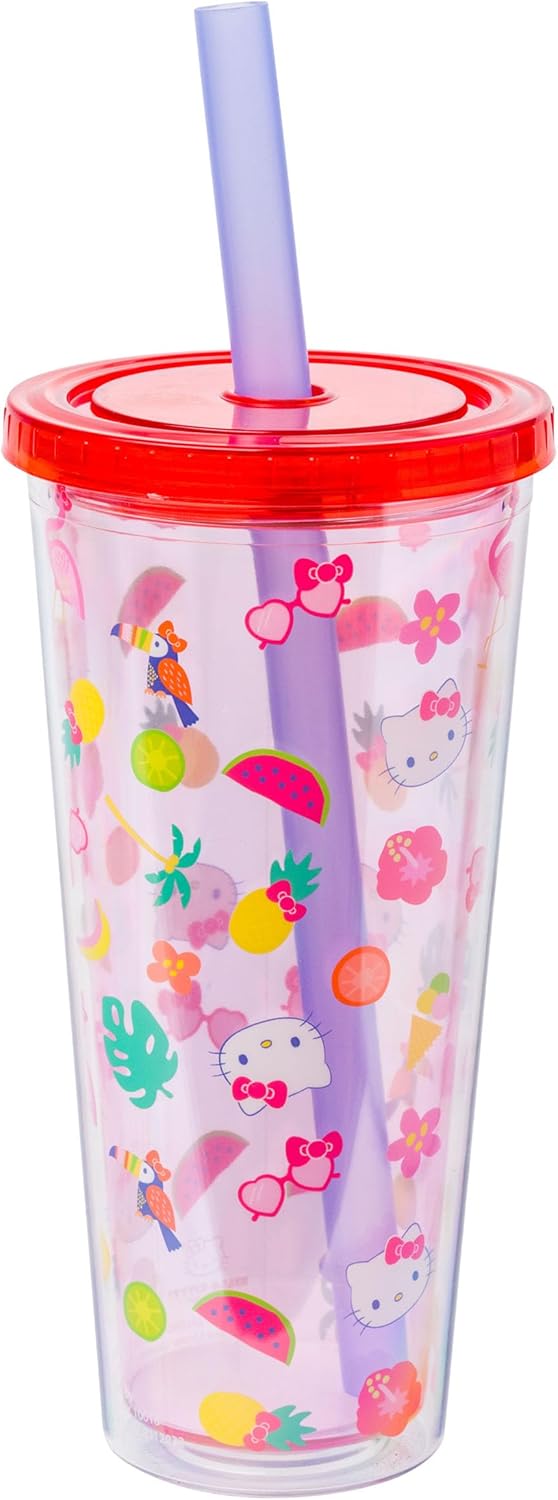 Silver Buffalo Sanrio Hello Kitty Milk Carton Pattern Plastic Boba Tumbler w Lid and Wide Straw, 24 Ounces