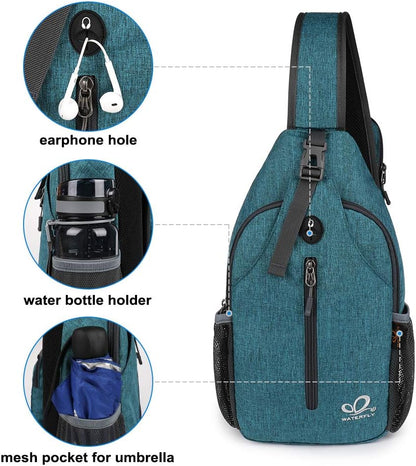WATERFLY Crossbody Sling Backpack Sling Bag Travel Hiking Chest Bag Daypack (Black)