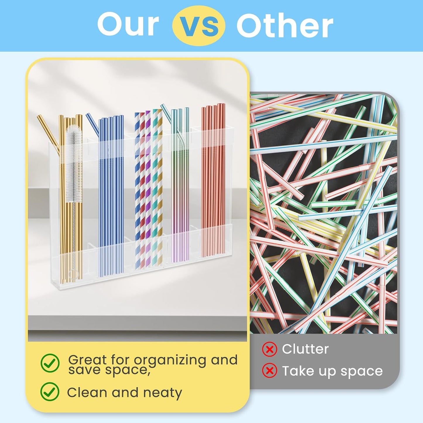 Acrylic Straw Holder for Cabinet, Reusable Straw Organizer with Double Sided Adhesive Tape Tumbler Straws Storage Container for Cupboard Drinking Straws Dispenser for Kitchen Counter (Transparent)
