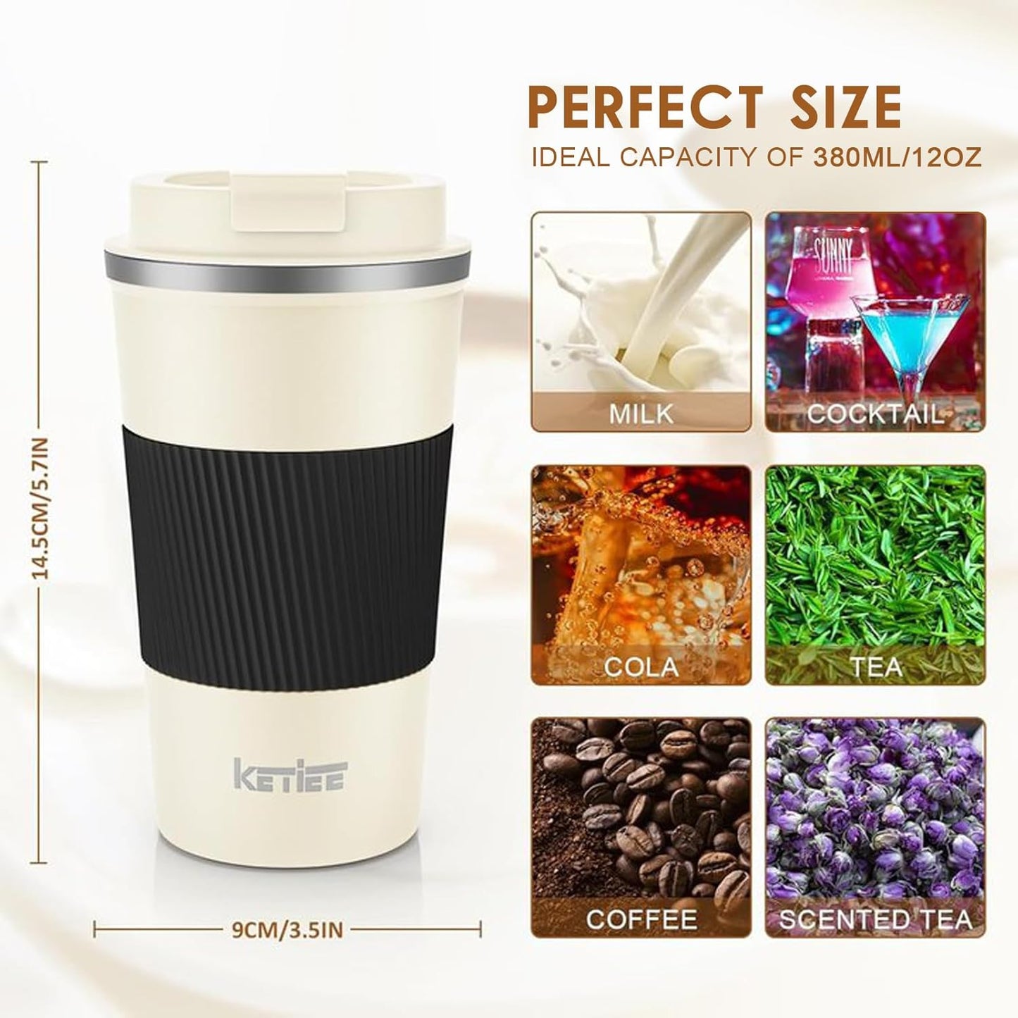KETIEE Travel Coffee Mug Spill Proof 12oz, Insulated Travel Mug to Go, Reusable Coffee Cup with Seal Lid, Vacuum Stainless Steel Tumbler for Hot/Cold Drinks (Red)